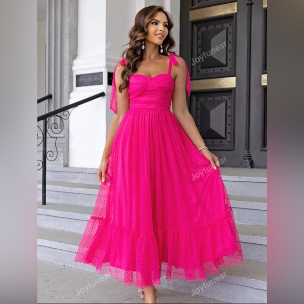 Hot Pink Tie-Shoulder Tulle Midi Dress